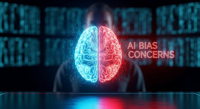 AI bias concerns concept with glowing brain hologram on digital screen