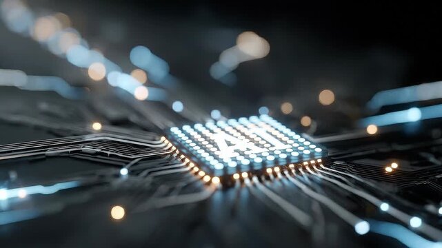Seamless loop AI microchip animation, multi color data processing corporate technology.