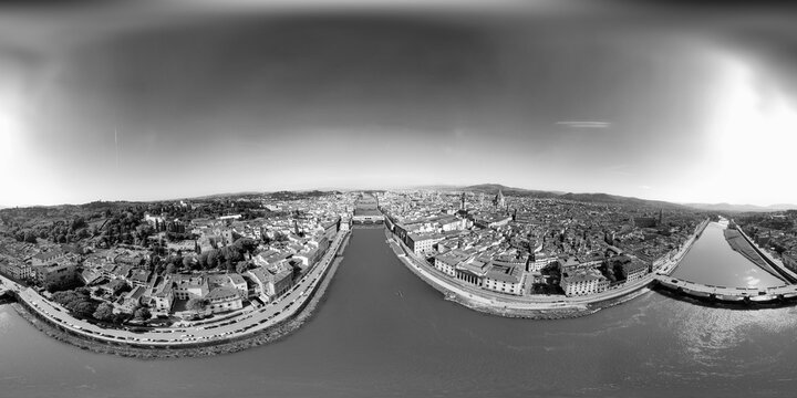 Spherical aerial panorama of Florence showcasing urban landscape with Duomo Cathedral Ponte Vecchio and Arno River