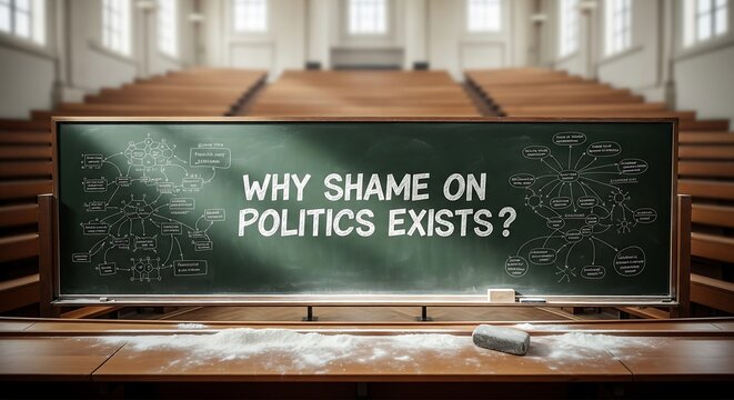 Blackboard with why shame on politics exists text in empty classroom with natural light