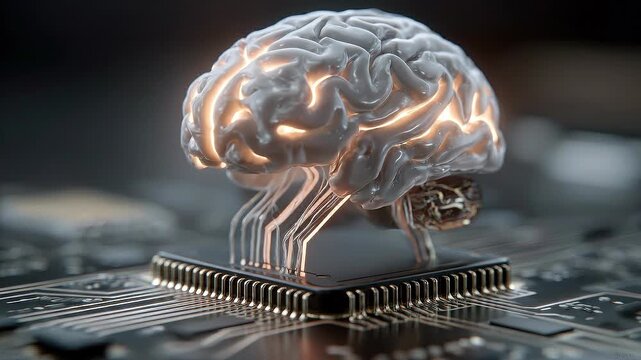 Seamless loop AI brain processor animation, high contrast neural computing concept.