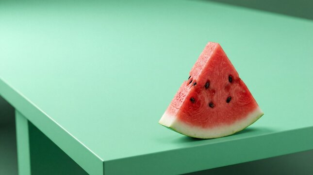 Fresh watermelon slice resting on a minimalist solid light green table