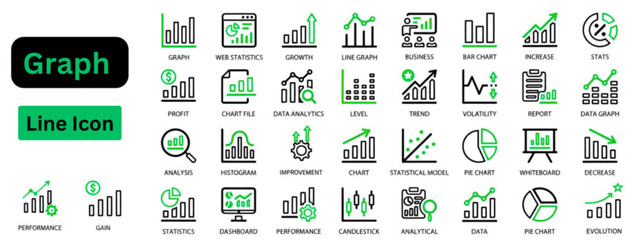 Line art vector of Graph icon set. Graph line icon set. Graph and Charts web icons in line style contains Graphics, infographic, statistics, data, diagrams, economy reduction, finance, business. 