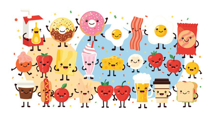 Fototapeta premium Collection of many diverse cartoon food and drink characters with happy faces and confetti against a blue background.