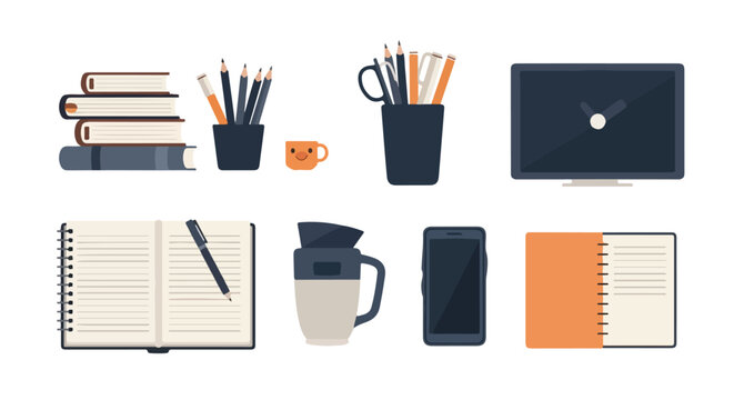 A minimalist vector collection of desk essentials, featuring books, stationery, electronic devices, and notebooks for work or study organization.