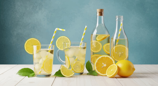 Fresh lemonade drinks with lemons and straws on wooden table