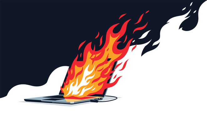 Burning laptop computer with intense red and orange flames coming out of the screen on a dark background illustration.