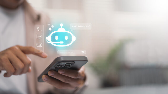 AI chatbot customer service and virtual assistant technology concept. Person using smartphone for instant messaging support with smart robot icon and automated digital help desk interface.
