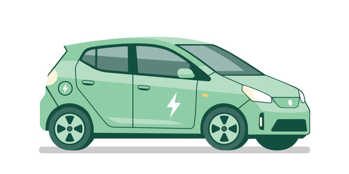 Modern Green Electric Hatchback City Car EV Side View Flat Vector Illustration For Sustainable Urban Mobility
