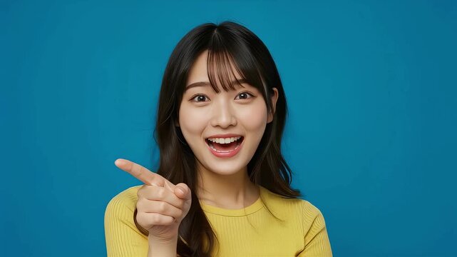 驚きの表情でカメラを指差す笑顔の日本人女性。青背景でインパクトのある動画。
