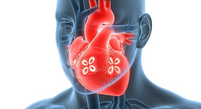 A medical illustration of a human heart with transparent body