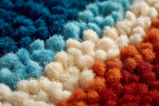 knitting wool texture in red, beige, blue colors. punch needle work, close up