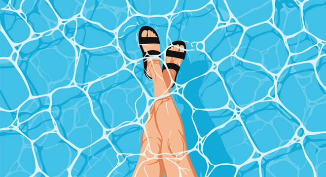 Top view of a person wearing black sandals with their legs crossed in crystal clear blue swimming pool water.