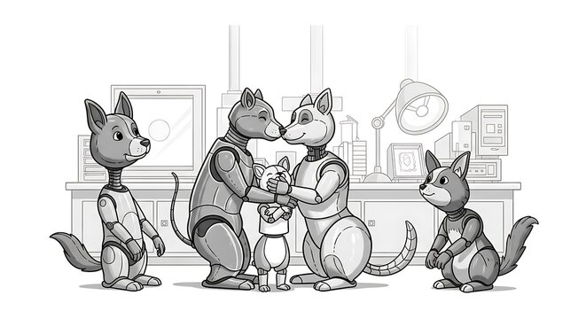 Family of cartoon foxes in kitchen.