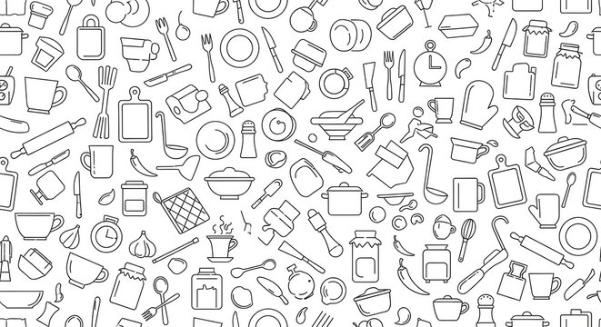 Seamless Kitchen Doodle Pattern with Cooking Utensils, Food Tools and Culinary Icons
