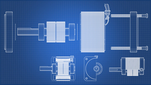 AC Servo Motor for CNC - Cross Section. Cutaway and Exploded View - drawing. Stepper Motor. 3D rendering isolated on blue background. 3D Mesh, Sketch, Vector style. Ideal for educational, engineering