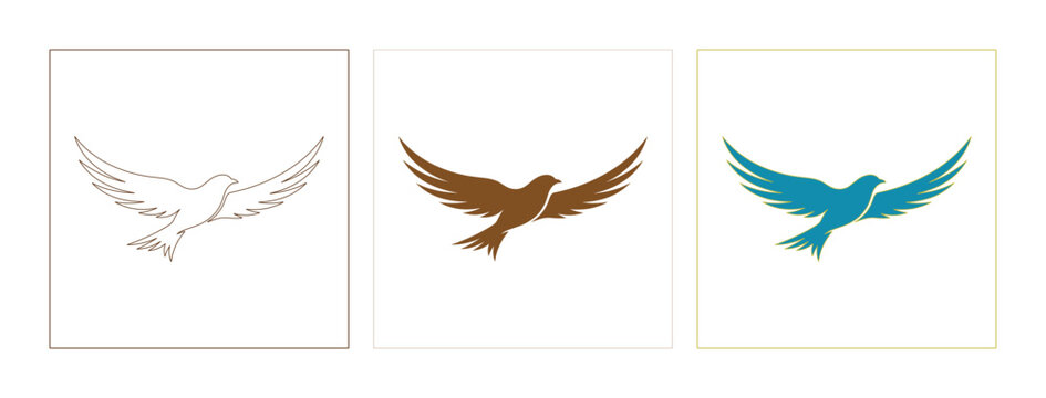 Minimalist flying bird logo set, elegant swallow silhouettes in brown and teal, 3 vector bird icons for corporate branding and nature identity isolated on White Background