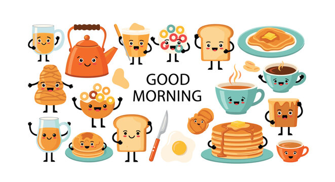 Group of adorable breakfast themed cartoon characters with smiling faces and waving hands including eggs bread and drinks.
