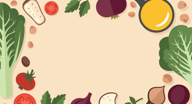 A vibrant vector illustration of fresh vegetables and healthy ingredients framing a blank central space for text on a light beige background.