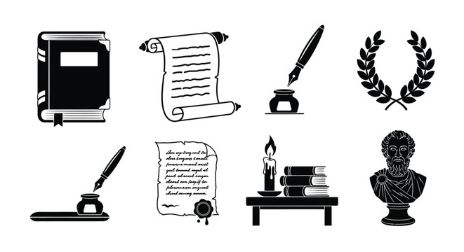 Antique writing tools scrolls and a philosopher s bust in black silhouette