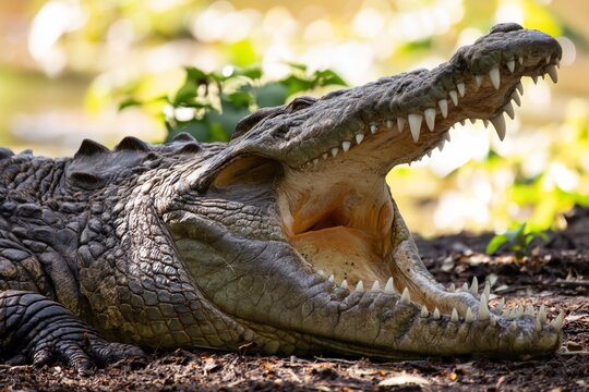Crocodile Yawning in Natural Habitat During Daytime Near Water