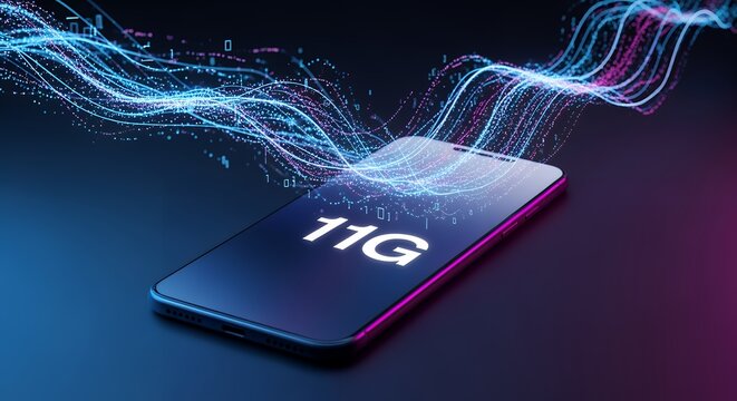 Smartphone displaying 11 g text with glowing blue data stream waves on dark background