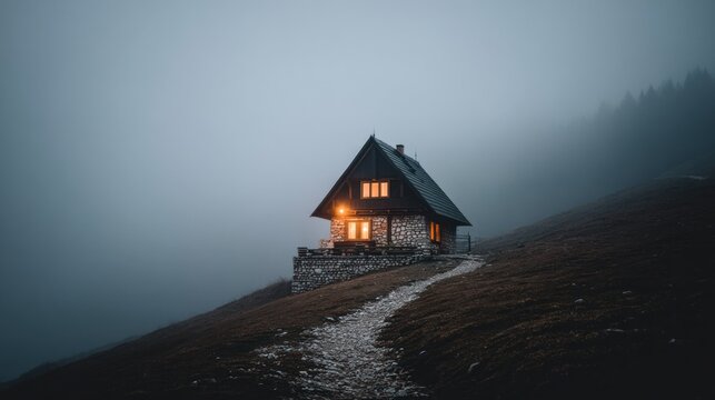 Cabin on hillside rustic building illuminated against a misty mountain backdrop