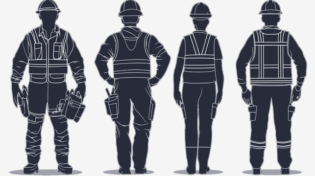Silhouetted workers in safety gear and hard hats, in various positions, facing front and back