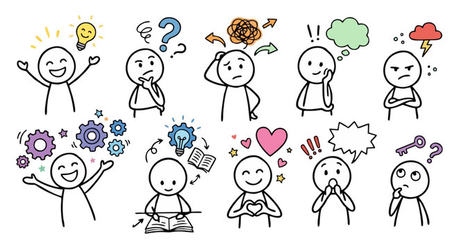 Cute Stick Figure Character Set Showing Various Emotions and Expressions &ndash; Doodle Illustration of Happy, Confused, Angry, Thinking, Love and Surprised People for Education and Business