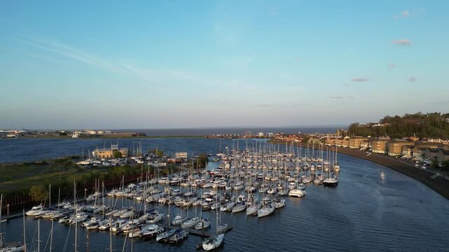 4K Aerial Take‑Off Drone Shot at Penarth Marina Flying Along the River Ely, Cardiff, Wales