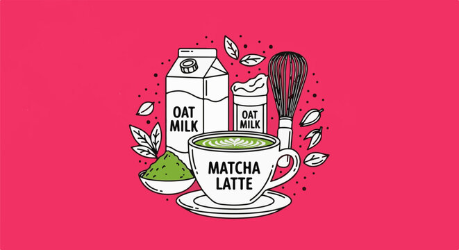 A cup of matcha latte with oat milk, whisk, and matcha powder