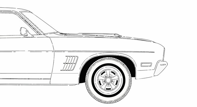 A detailed outline drawing of a vintage car's front fender and wheel