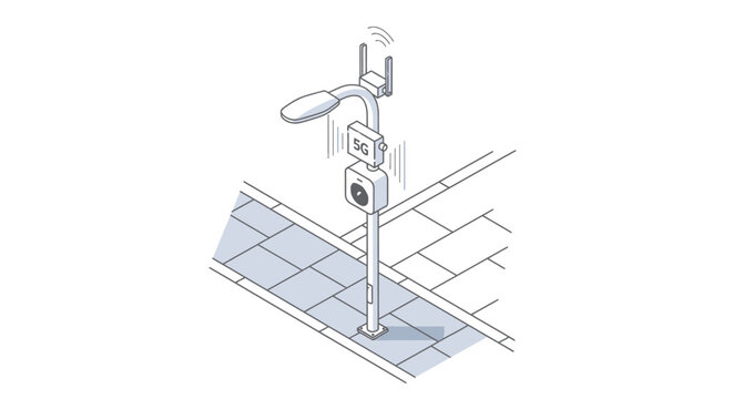 Isometric Smart City Street Light with 5G Base Station, Security Camera, and IoT Connectivity on Urban Sidewalk Illustration