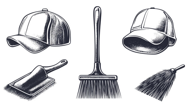 Black and white line art of cleaning supplies, including two caps, a broom, a brush, and a broom