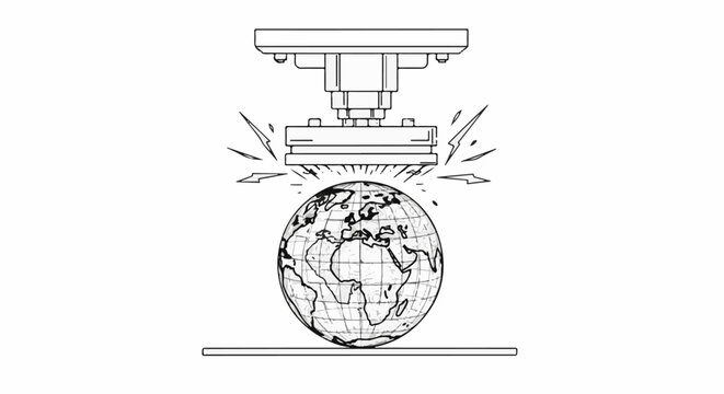 A machine crushes planet Earth, symbolizing global pressure