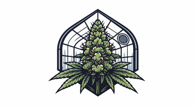 Stylized marijuana plant growing in a greenhouse structure
