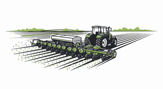 Green tractor and planter sowing seeds in a field, creating rows
