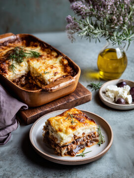 Moussaka, a baked layered casserole, often called "Greek lasagna," featuring eggplant, a rich tomato-based meat sauce (usually lamb or beef), and a creamy b&eacute;chamel topping