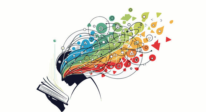 Silhouette reading book with colorful abstract thoughts exploding outward