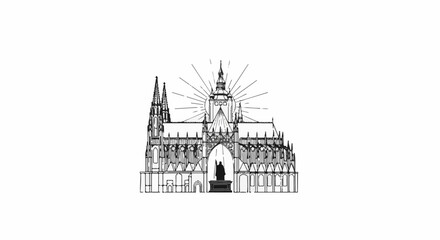 Obraz premium Stylized line art of a grand Gothic cathedral with spires and radiant light