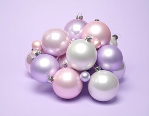 Fototapeta premium Cluster of pink purple and white Christmas baubles isolated on a pastel lavender background