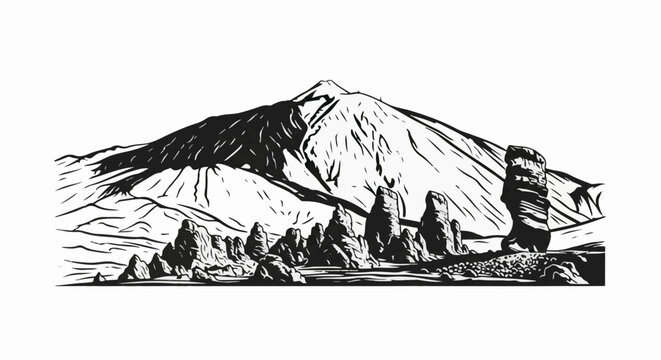 Volcanic mountain landscape with tall rock formations in the foreground
