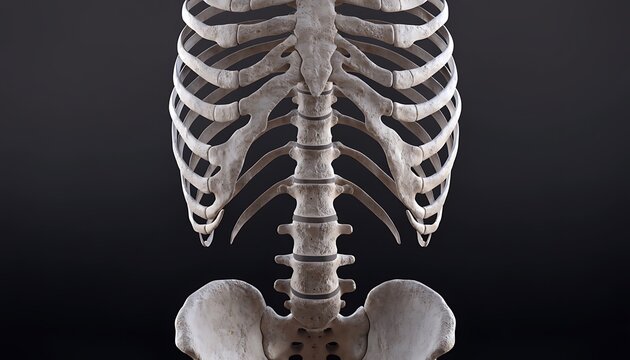 3D medical illustration of human rib cage, spine, and pelvis on black background