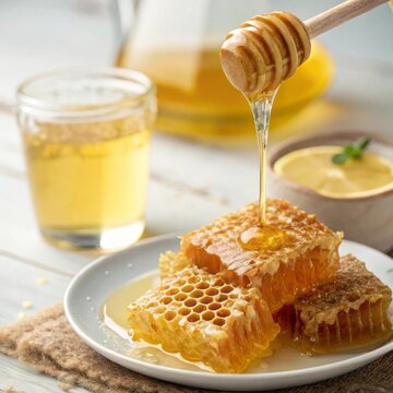 Sweet Organic Honey with Honeycomb and Wooden Dipper on Rustic Table with Natural Light
