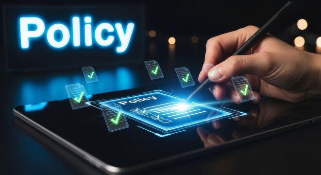 Hand drawing policy flowchart on digital tablet with blockchain technology overlay