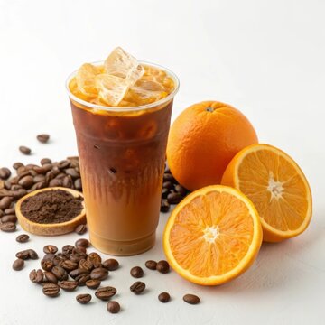 Refreshing Iced Coffee with Orange Slices and Coffee Beans on White Background