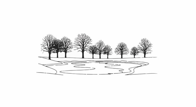 Stylized line drawing of bare trees beside a winding body of water