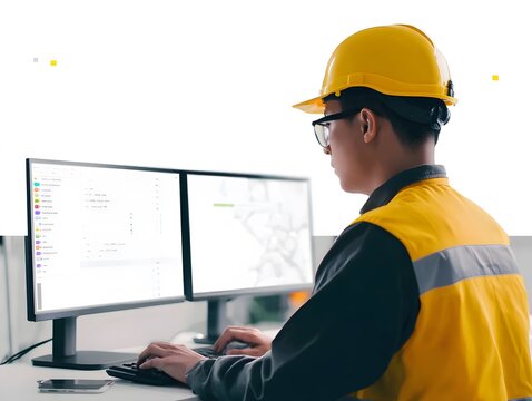 Industrial Engineer in Hard Hat Working on Control System Software