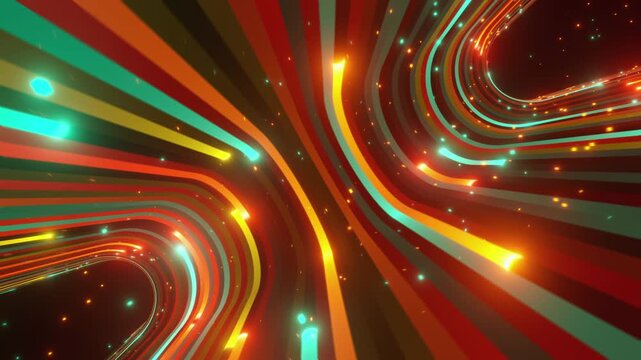 A captivating seamless 4k VJ loop featuring an infinite deformed toeus with symmetrical neon lines in purple, blue, magenta, and orange for VJ sets, high-tech club visuals,  electronic music festival