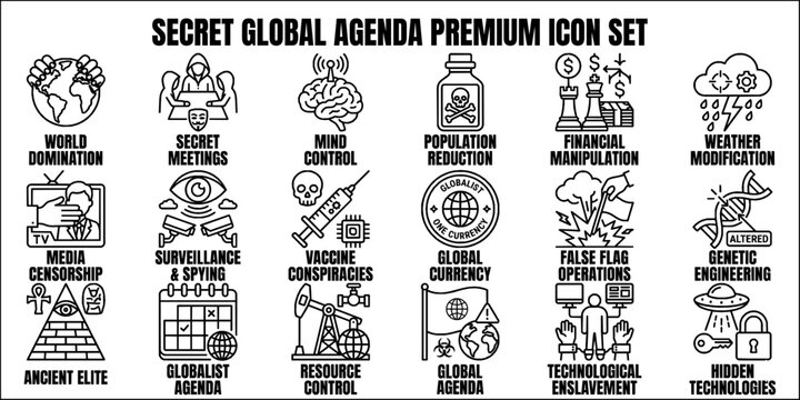 Mystery, secret society and global conspiracy line art icons